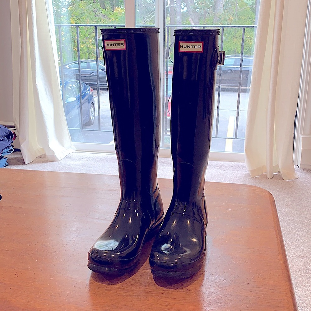 Hunter knee high black rain boots